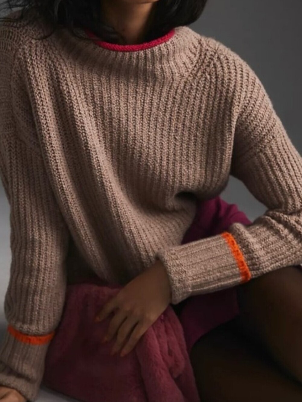 Maeve Beige Ribbed Sweater with Orange and Pink Trim